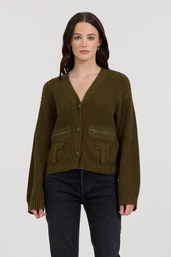 Vintage Havana Sweaters | Women Deep Olive Fitted Utilty Cardigan Deep Olive