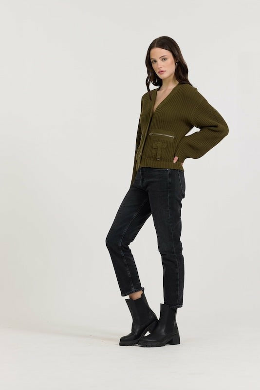 Vintage Havana Sweaters | Women Deep Olive Fitted Utilty Cardigan Deep Olive
