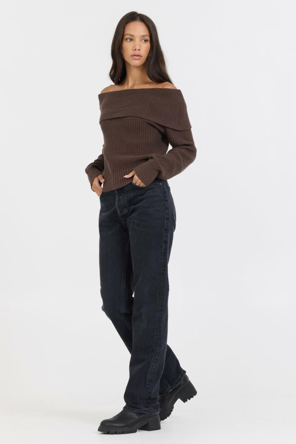 Vintage Havana Sweaters | Women Espresso Off ShoulderBack Zip Sweater Espresso
