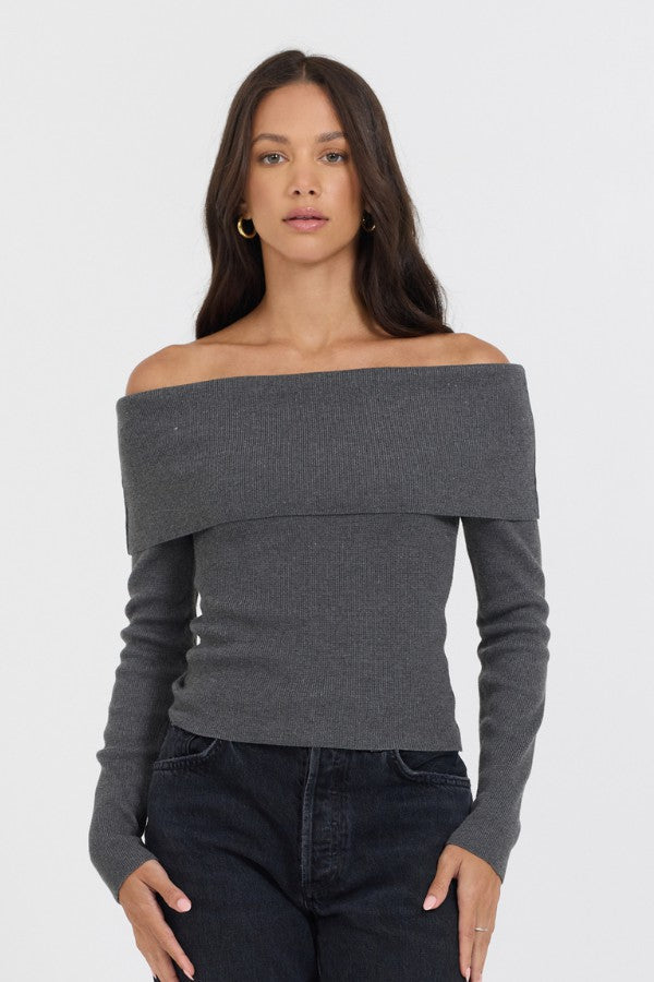 Vintage Havana Sweaters | Women Heather Charcoal Off Shoulder Sweater Heather Charcoal