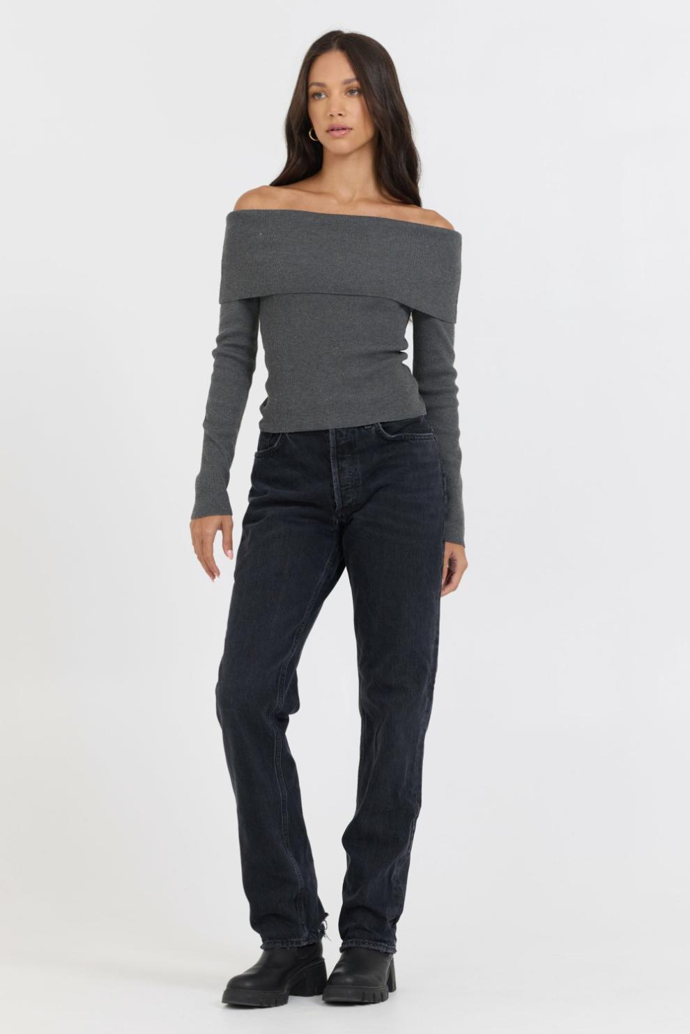 Vintage Havana Sweaters | Women Heather Charcoal Off Shoulder Sweater Heather Charcoal