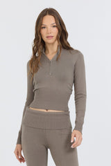 Vintage Havana Sweaters | Women Olive Grey Slim Fit Knit Quarter Zip Olive Grey