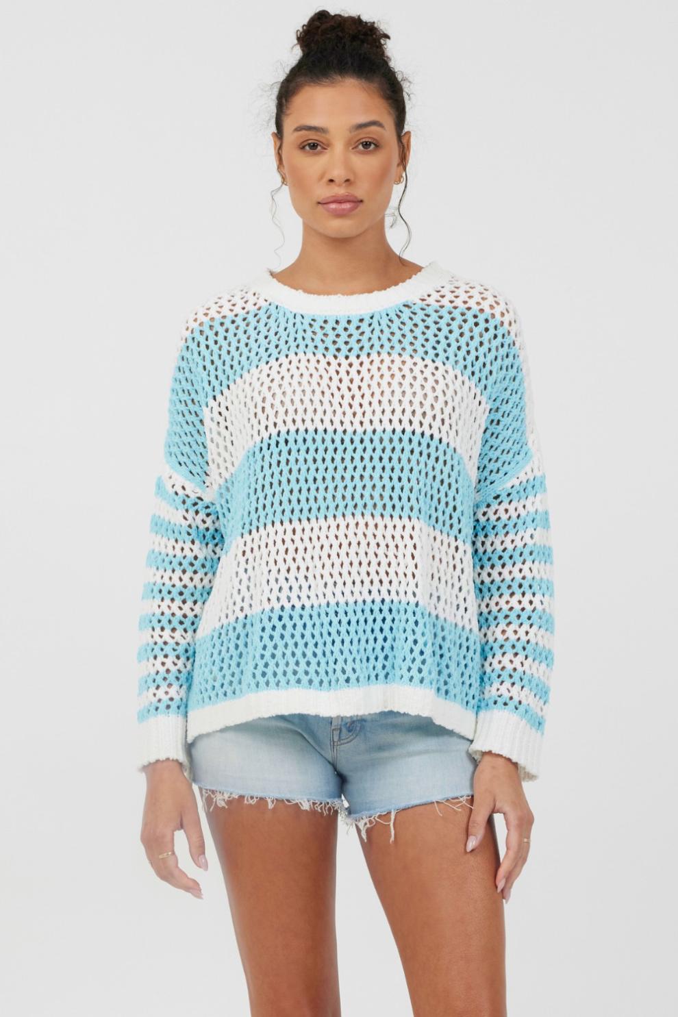 Vintage Havana Sweaters | Women Tropical Turquoise Striped Netted Crewneck Tropical Turquoise