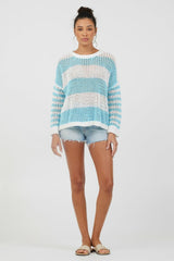 Vintage Havana Sweaters | Women Tropical Turquoise Striped Netted Crewneck Tropical Turquoise