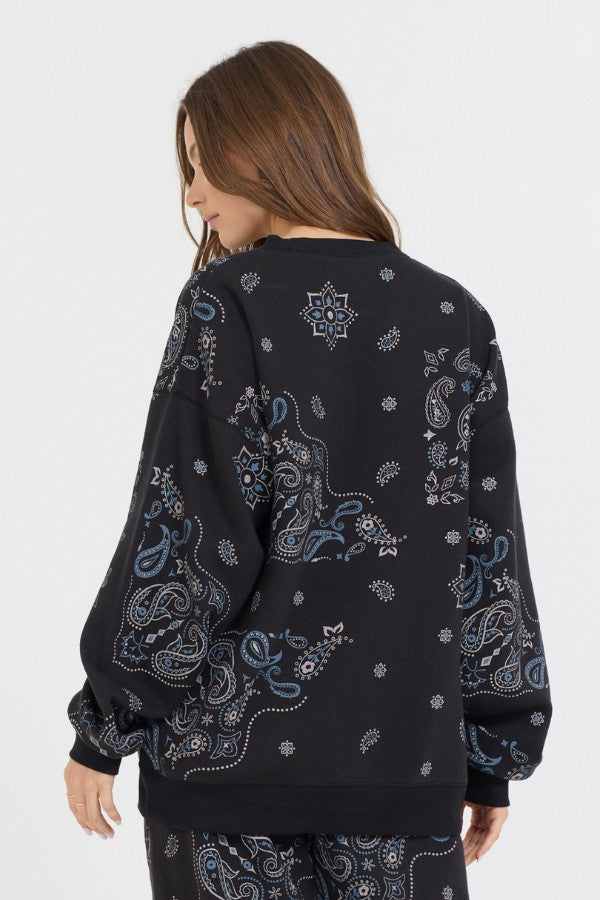 Vintage Havana Sweatshirts | Women Black Bandana Printed Fleece Crewneck Black