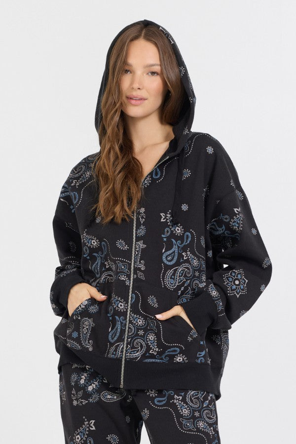 Vintage Havana Sweatshirts | Women Black Bandana Printed Fleece Oversized Zip Up Black