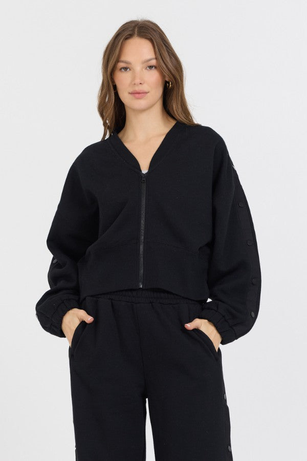 Vintage Havana Sweatshirts | Women Black Brushed Fleece Zip Up W/ Snap Sleeves Black