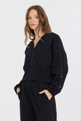 Vintage Havana Sweatshirts | Women Black Brushed Fleece Zip Up W/ Snap Sleeves Black