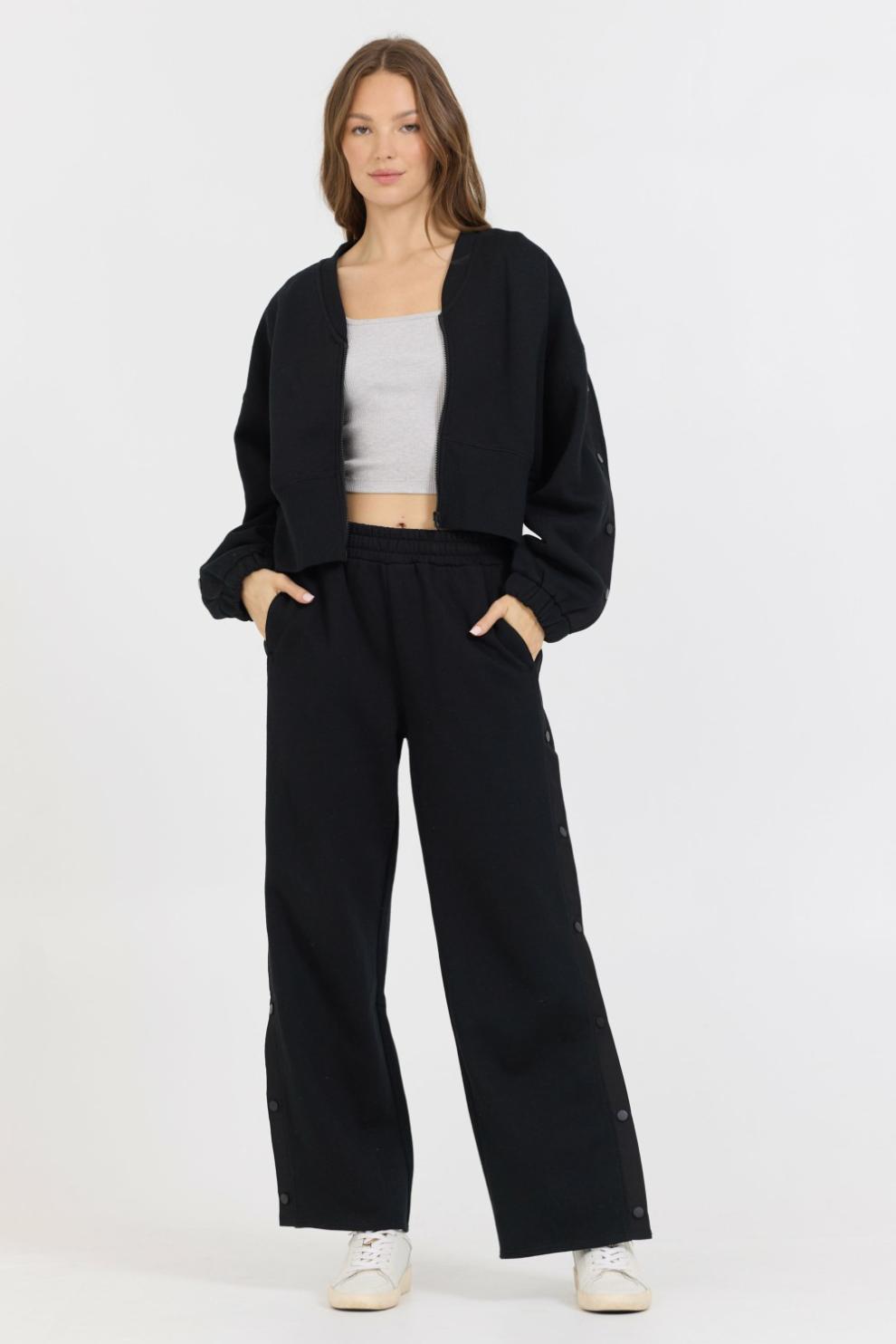 Vintage Havana Sweatshirts | Women Black Brushed Fleece Zip Up W/ Snap Sleeves Black