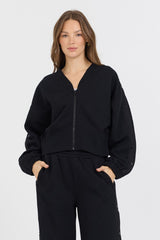 Vintage Havana Sweatshirts | Women Black Brushed Fleece Zip Up W/ Snap Sleeves Black