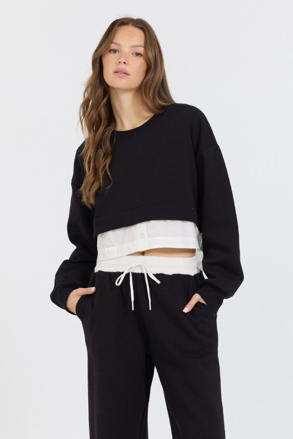 Vintage Havana Sweatshirts | Women Black/ White Essential Fleece Crewneck W/ Poplin Insert Black