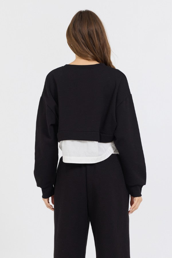 Vintage Havana Sweatshirts | Women Black/ White Essential Fleece Crewneck W/ Poplin Insert Black