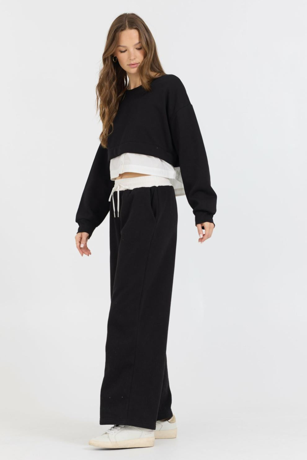 Vintage Havana Sweatshirts | Women Black/ White Essential Fleece Crewneck W/ Poplin Insert Black