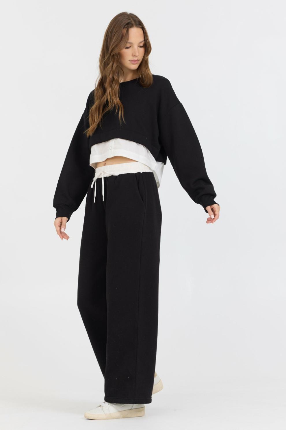 Vintage Havana Sweatshirts | Women Black/ White Essential Fleece Crewneck W/ Poplin Insert Black