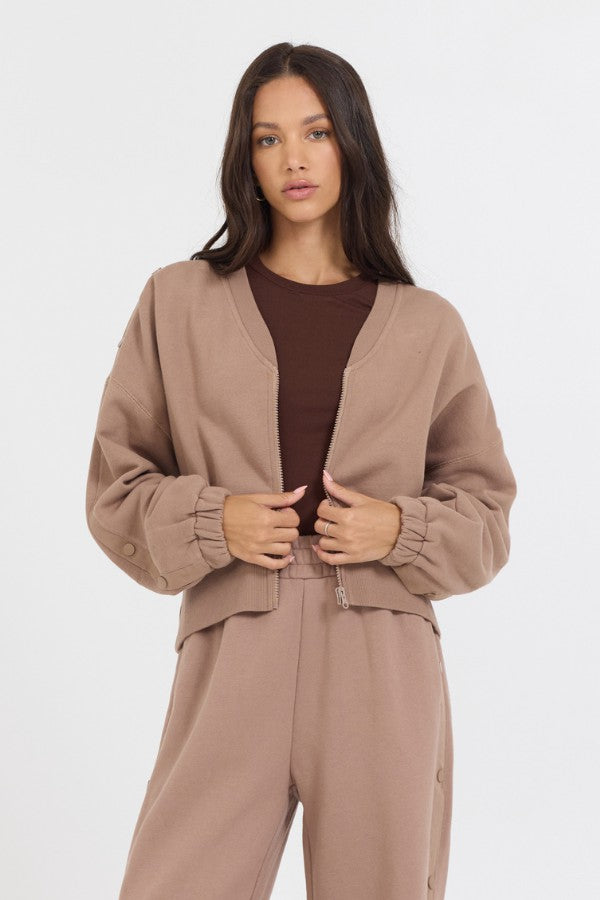 Vintage Havana Sweatshirts | Women Caramel Latte Brushed Fleece Zip Up W/ Snap Sleeves Caramel