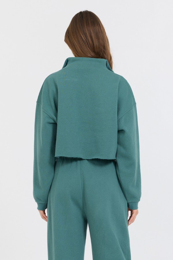 Vintage Havana Sweatshirts | Women College Green Cotton Blend Fleece Quarter Zip Rib Neck Green