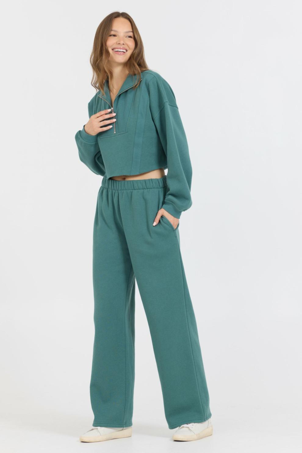Vintage Havana Sweatshirts | Women College Green Cotton Blend Fleece Quarter Zip Rib Neck Green