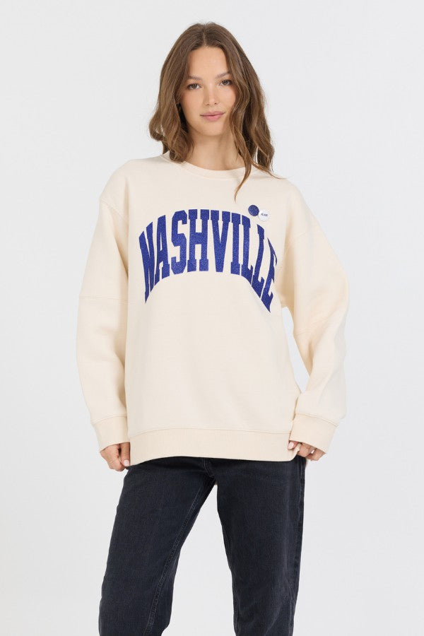 Vintage Havana Sweatshirts | Women Cream W/ Royal Blue Garment Dye Fleece Crew W/ Glitter Print Cream