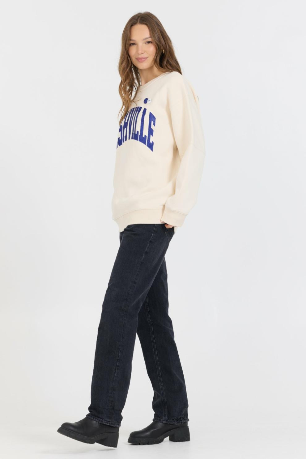 Vintage Havana Sweatshirts | Women Cream W/ Royal Blue Garment Dye Fleece Crew W/ Glitter Print Cream