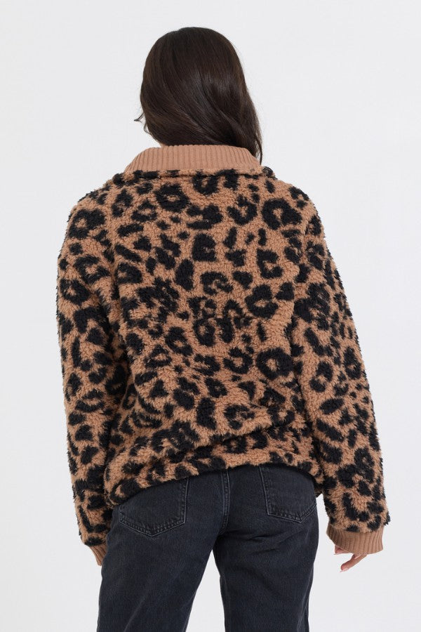 Vintage Havana Sweatshirts | Women Leopard Print Sherpa Quarter Zip Leopard