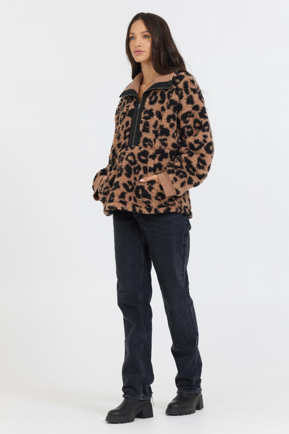 Vintage Havana Sweatshirts | Women Leopard Print Sherpa Quarter Zip Leopard