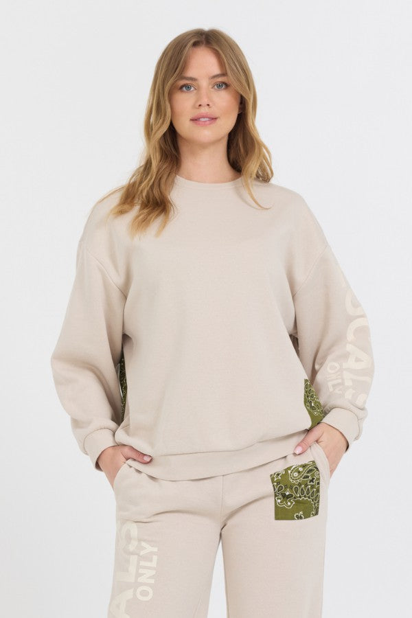 Vintage Havana Sweatshirts | Women Neutral Taupe/ Olive/ Tan Bandana Patch Crewneck Taupe