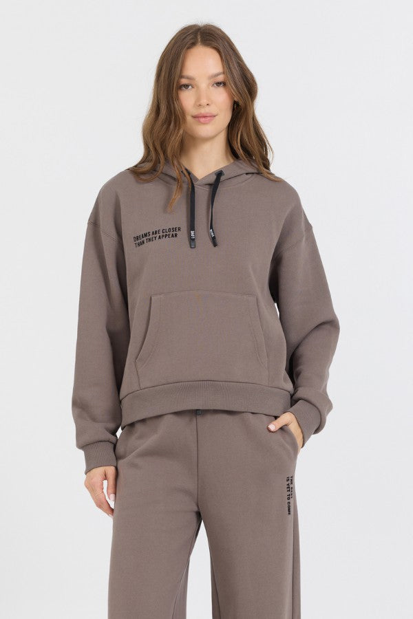 Vintage Havana Sweatshirts | Women Taupe Grey Fleece Hood Flocking Detail Taupe Grey