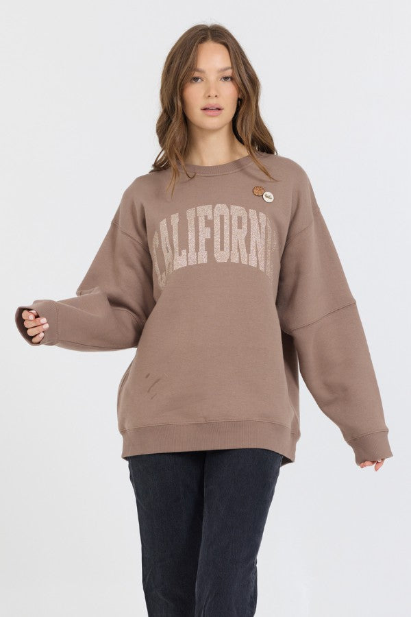 Vintage Havana Sweatshirts | Women Taupe W/ Rose Gold Garment Dye Fleece Crew W/ Glitter Print Taupe