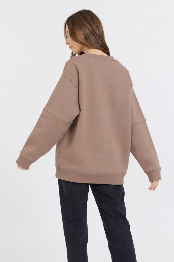 Vintage Havana Sweatshirts | Women Taupe W/ Rose Gold Garment Dye Fleece Crew W/ Glitter Print Taupe