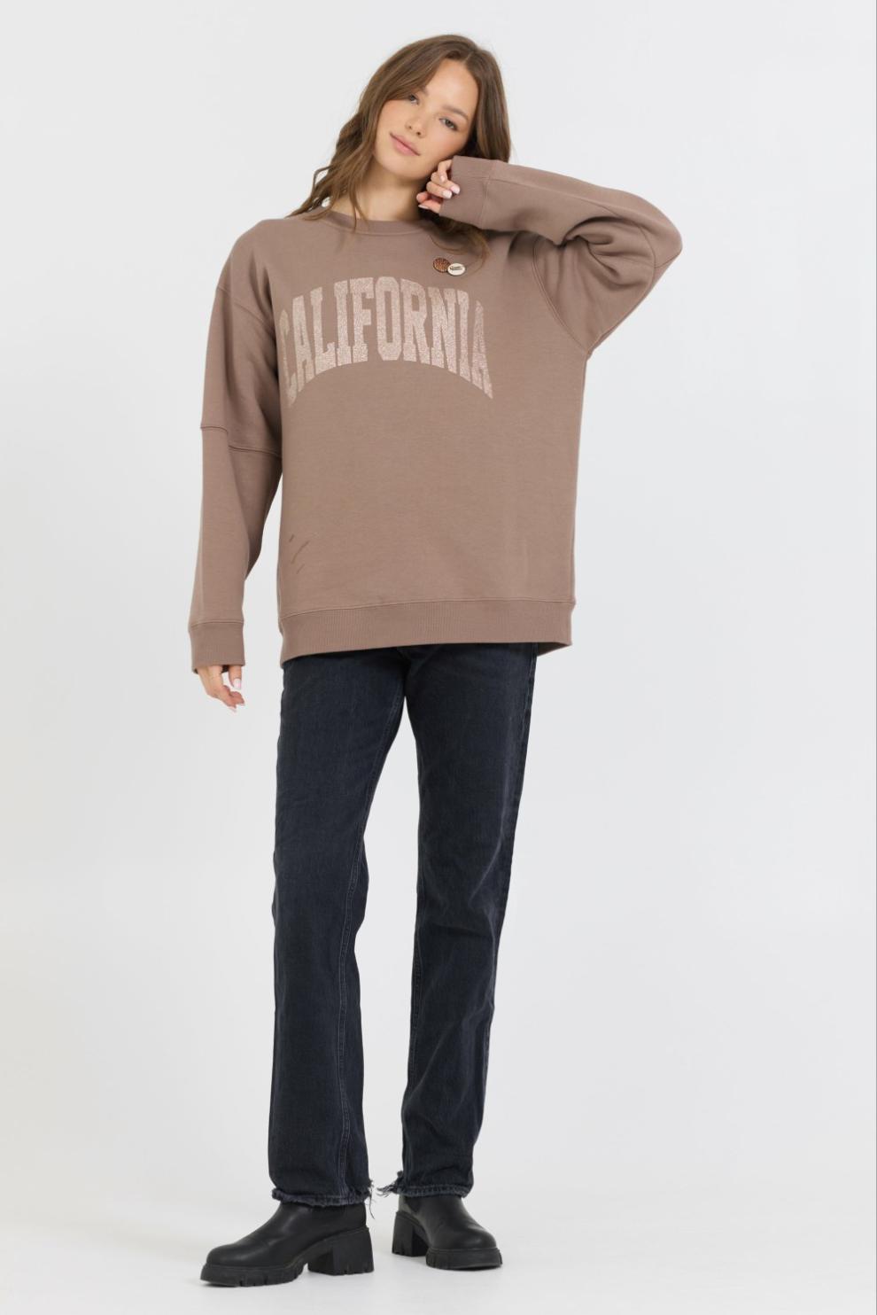 Vintage Havana Sweatshirts | Women Taupe W/ Rose Gold Garment Dye Fleece Crew W/ Glitter Print Taupe