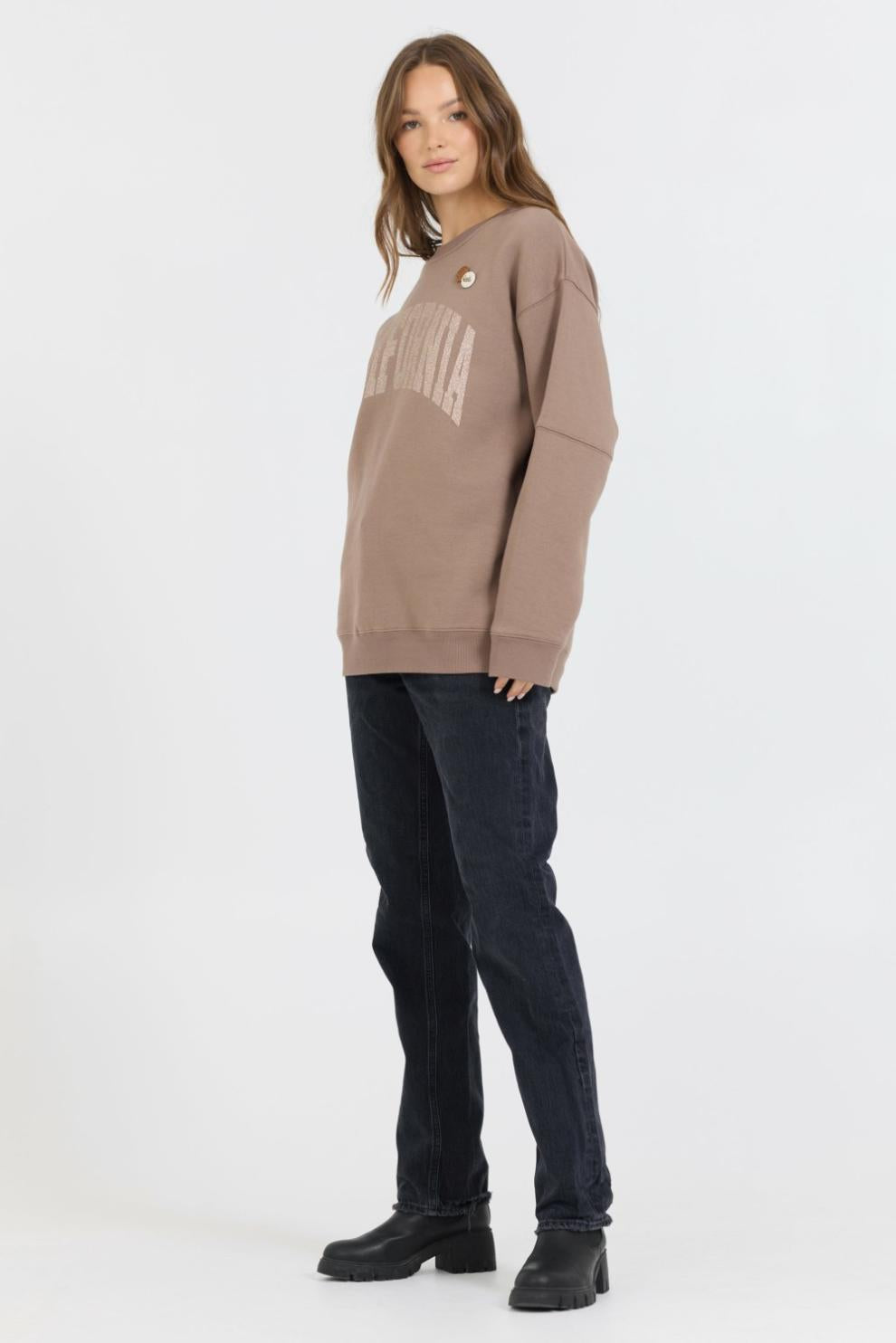 Vintage Havana Sweatshirts | Women Taupe W/ Rose Gold Garment Dye Fleece Crew W/ Glitter Print Taupe