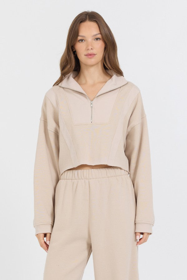 Vintage Havana Sweatshirts | Women Vanilla Cream Cotton Blend Fleece Quarter Zip Rib Neck Vanilla