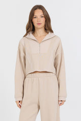 Vintage Havana Sweatshirts | Women Vanilla Cream Cotton Blend Fleece Quarter Zip Rib Neck Vanilla