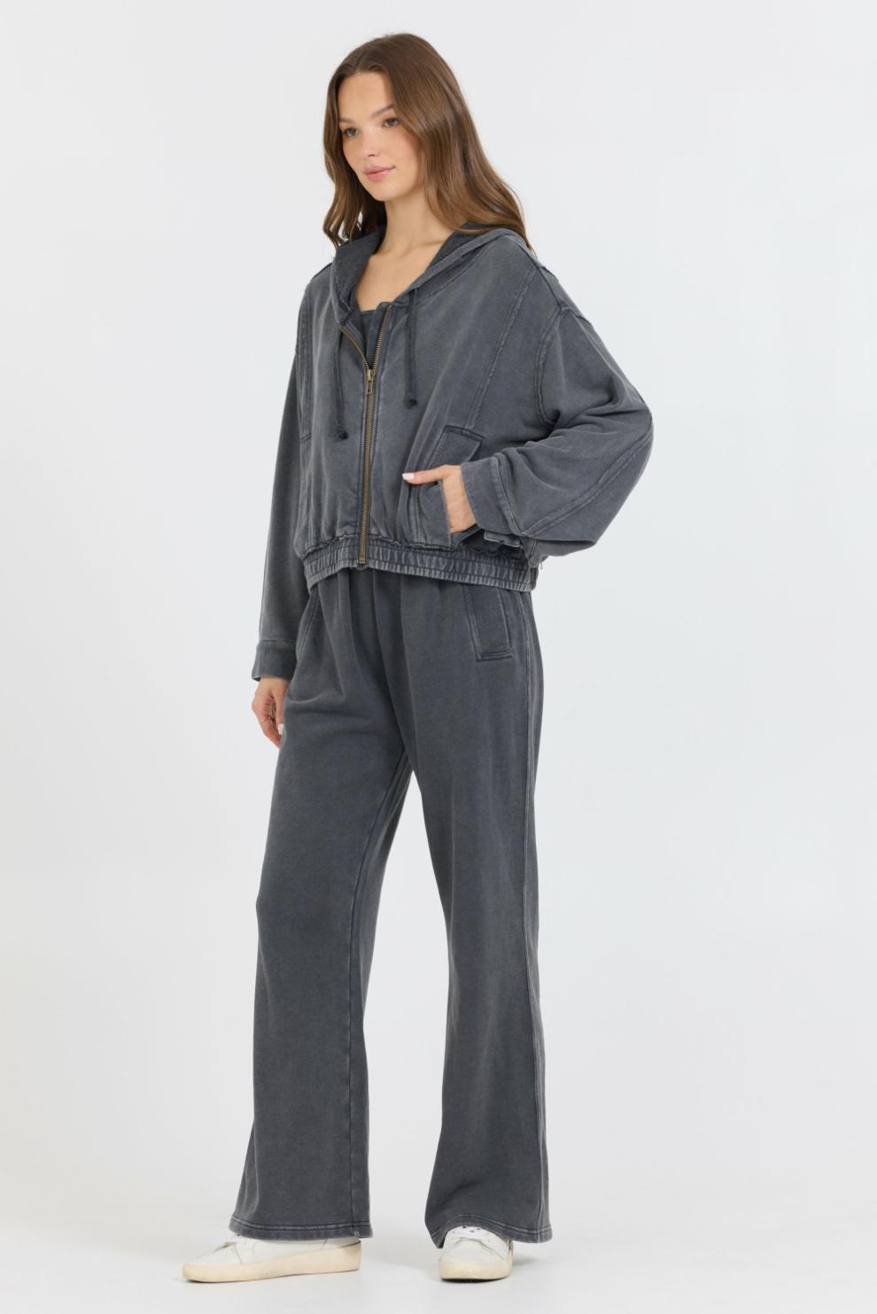 Vintage Havana Sweatshirts | Women Washed Charcoal Garment Dye French Terry Zip Up Hoodie Charcoal