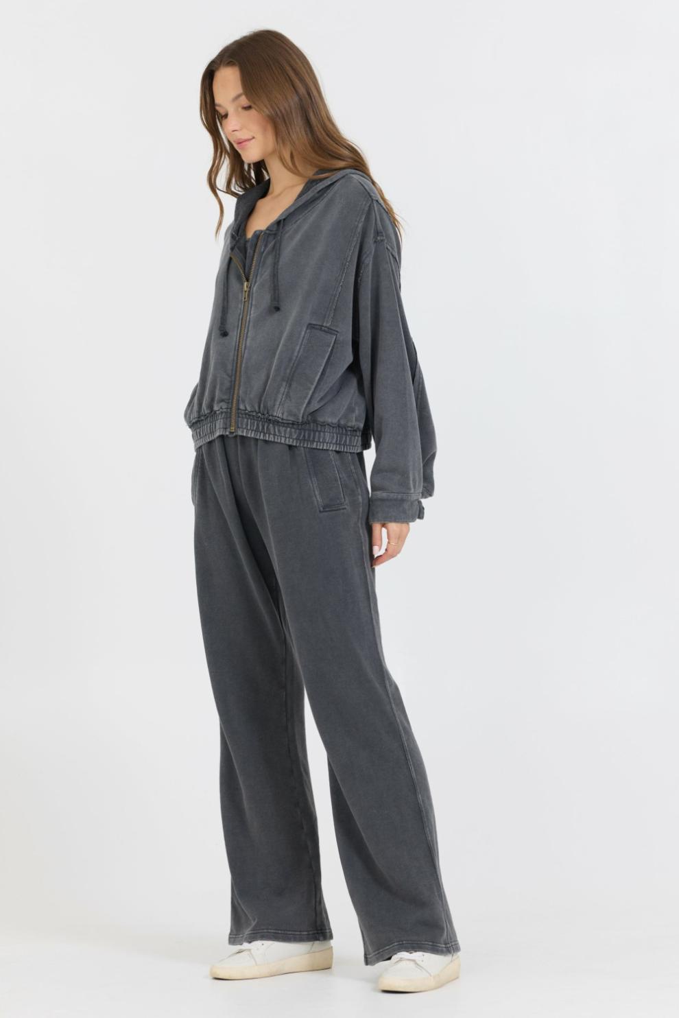 Vintage Havana Sweatshirts | Women Washed Charcoal Garment Dye French Terry Zip Up Hoodie Charcoal