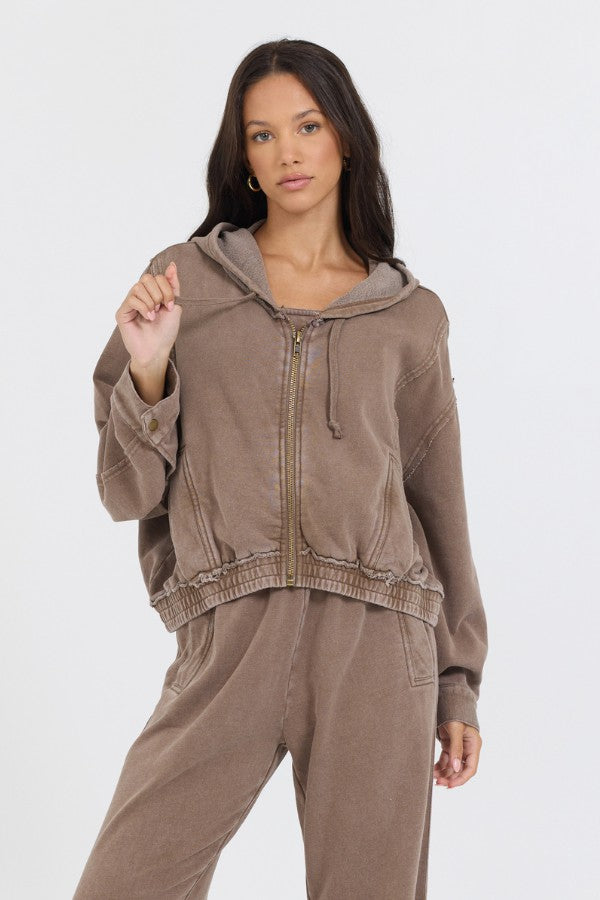 Vintage Havana Sweatshirts | Women Washed Mocha Garment Dye French Terry Zip Up Hoodie Mocha