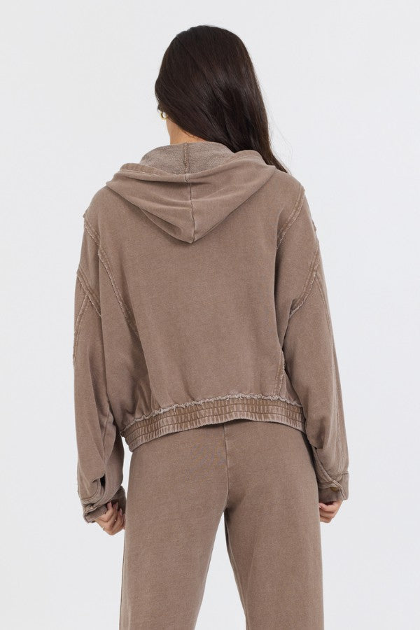 Vintage Havana Sweatshirts | Women Washed Mocha Garment Dye French Terry Zip Up Hoodie Mocha