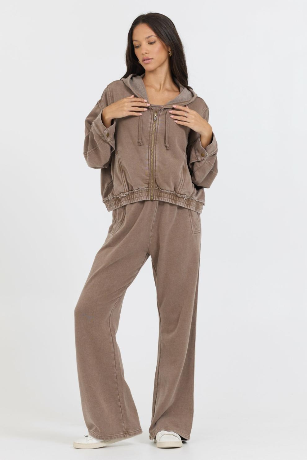 Vintage Havana Sweatshirts | Women Washed Mocha Garment Dye French Terry Zip Up Hoodie Mocha