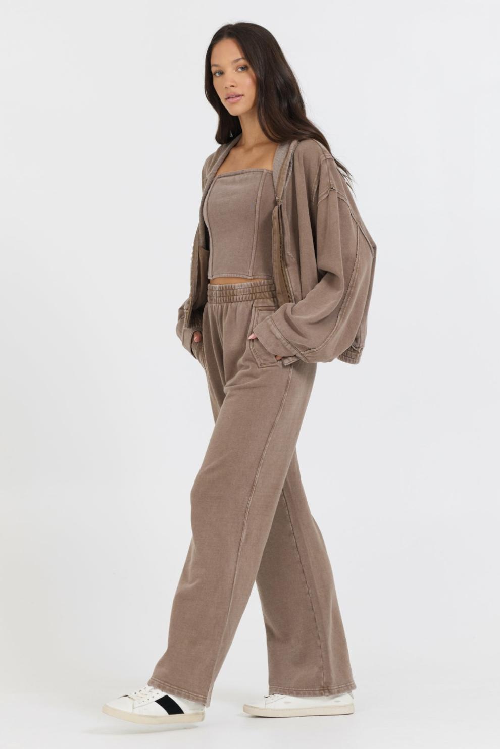 Vintage Havana Sweatshirts | Women Washed Mocha Garment Dye French Terry Zip Up Hoodie Mocha