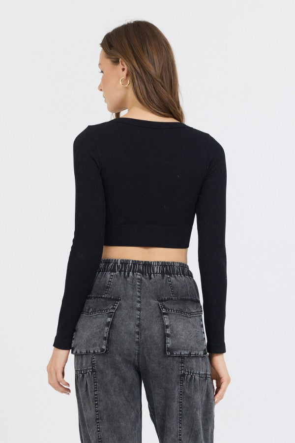 Vintage Havana Tees | Women Black Seamless Long Sleeve V Neck Black