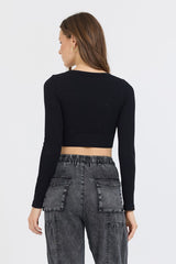 Vintage Havana Tees | Women Black Seamless Long Sleeve V Neck Black