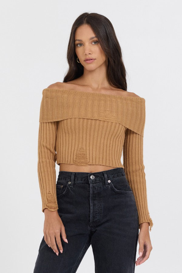 Vintage Havana Tees | Women Caramel Distressed Off Shoulder Sweater Caramel