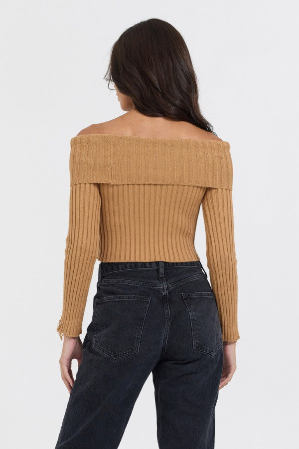 Vintage Havana Tees | Women Caramel Distressed Off Shoulder Sweater Caramel