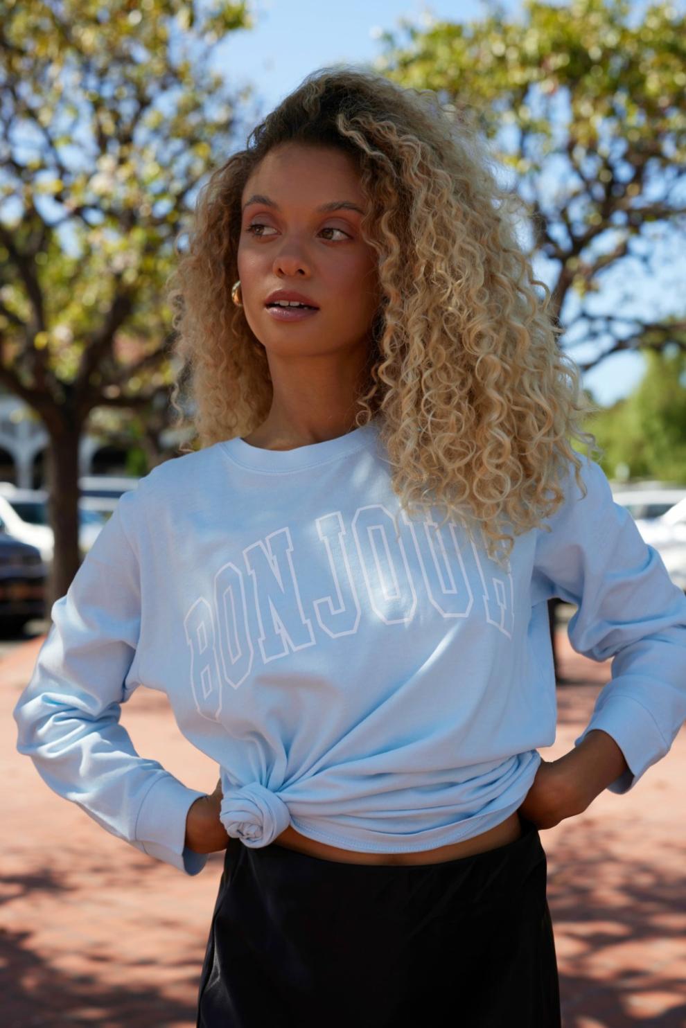 Vintage Havana Tees | Women Sky Blue "Bonjour" Pigment Dyed Long Sleeve Tee Sky Blue