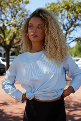 Vintage Havana Tees | Women Sky Blue "Bonjour" Pigment Dyed Long Sleeve Tee Sky Blue