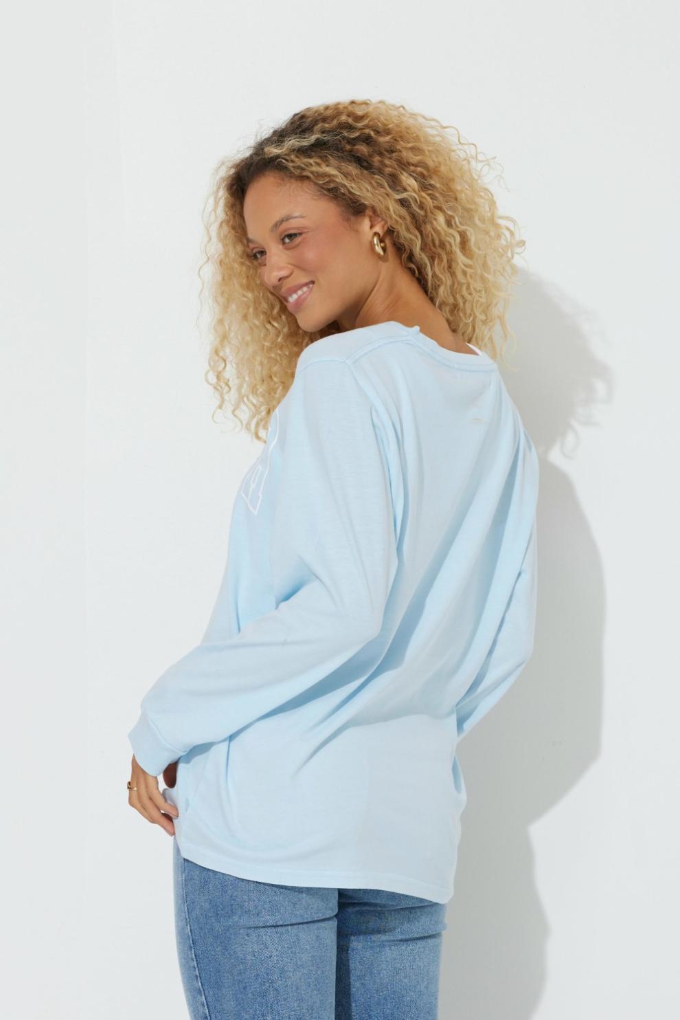 Vintage Havana Tees | Women Sky Blue "Bonjour" Pigment Dyed Long Sleeve Tee Sky Blue