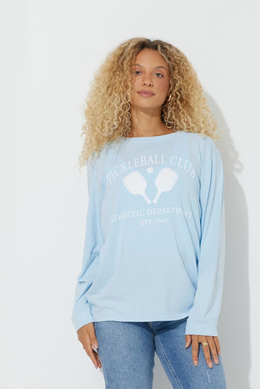 Vintage Havana Tees | Women Sky Blue "Pickleball Club" Pigment Dyed Long Sleeve Tee Sky Blue
