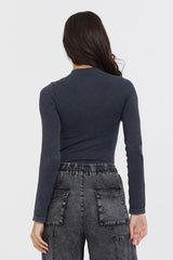 Vintage Havana Tees | Women Washed Mountain Seamless Mock Neck Top Grey