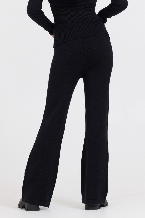 Vintage Havana Wide Leg Pants | Women Black Slim Fit Knit Fold Over Flare Pant Black