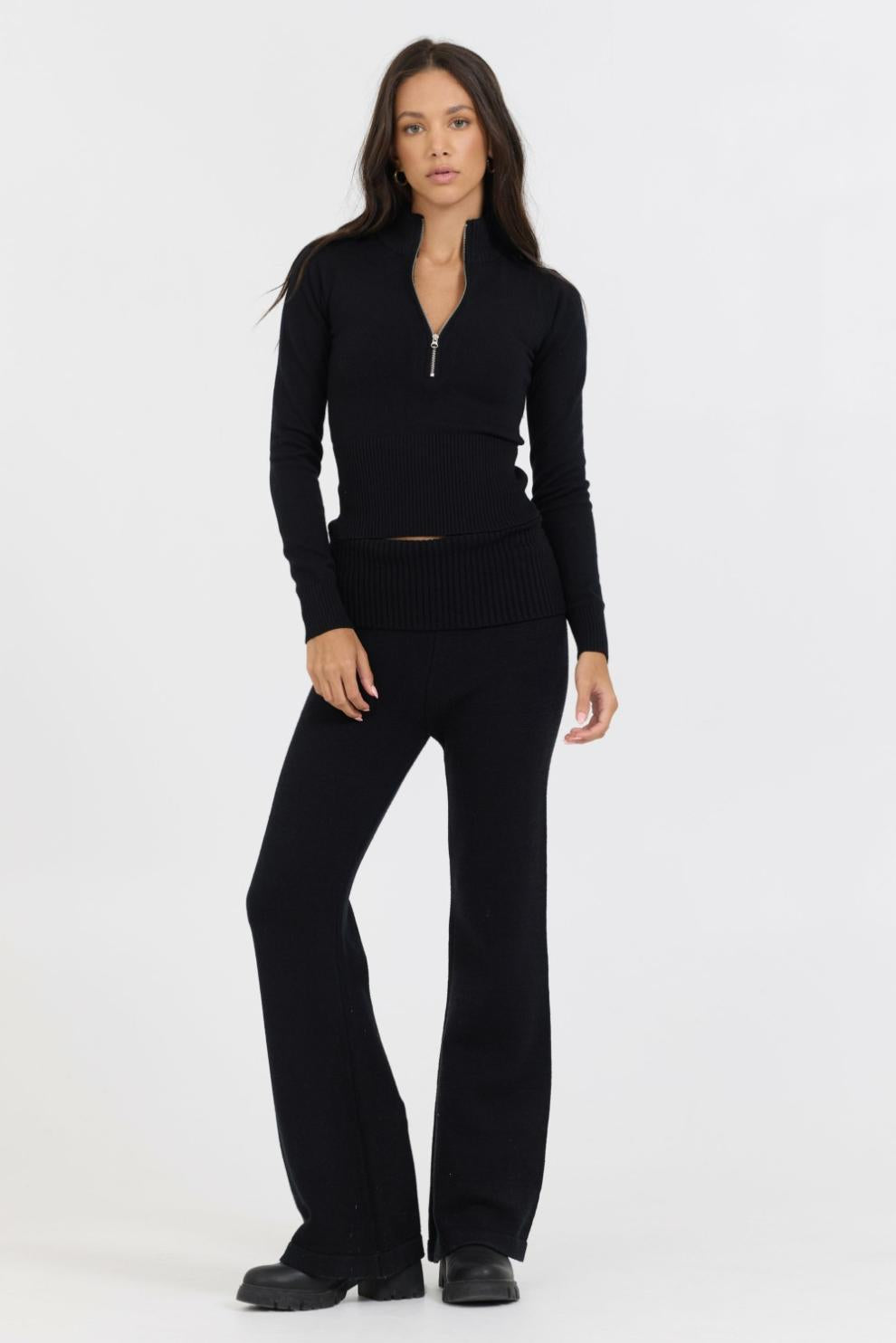 Vintage Havana Wide Leg Pants | Women Black Slim Fit Knit Fold Over Flare Pant Black